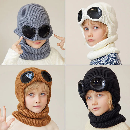 Winter Children Hat Scarf Set for Boys Girls Knitted Hats Glasses Plus Velvet Astronaut Beanie Ear Warm Kids Skiing Accessories