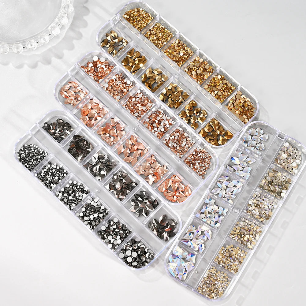 12Grids 3D Gold/Champagne Nail Art Rhinestones Mixed-Shapes Flat-Back Glass Diamonds Nails Charms Luxury DIY Manicure Decoration