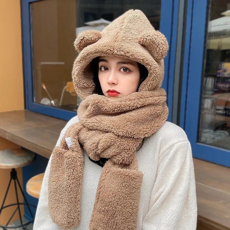 Winter Bear Earmuffs Scarf Mittens Set Thermal Plush Fleece Lined Connected Hat with Scarf and Gloves for Cold Weather Girls