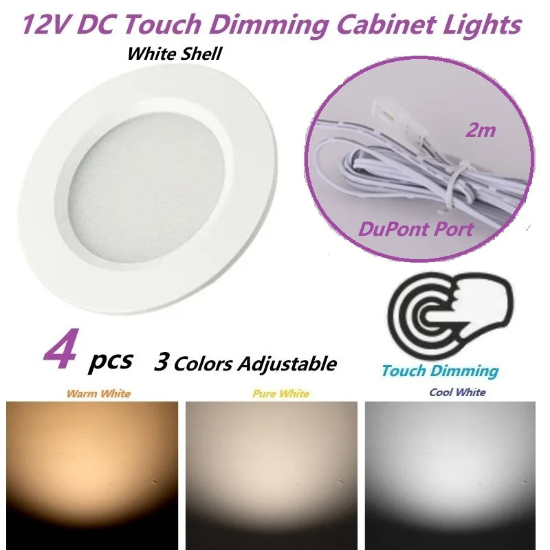 Φ68mm 12V DC Touch Dimming Cabinet Lights,3Colors Dimmer LED Down Lamp, Embedded Installation with Shrapnel for Camper,Yacht,RV