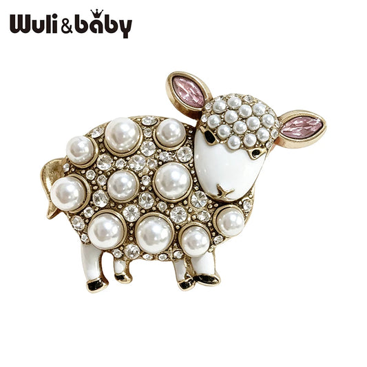 Wuli&baby Cute Pearl Sheep Brooches For Women Men 2-color Rhinestone Year Of the Goat Animal Casual Office Brooch Pins Gifts