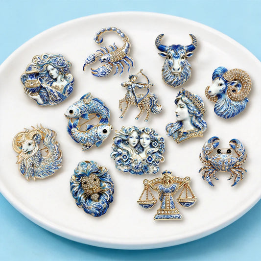 Wuli&baby 12 Zodiac Sign Brooches For Women Unisex Blue-and-white Porcelain Design Animal Lady Party Casual Brooch Pins Gifts