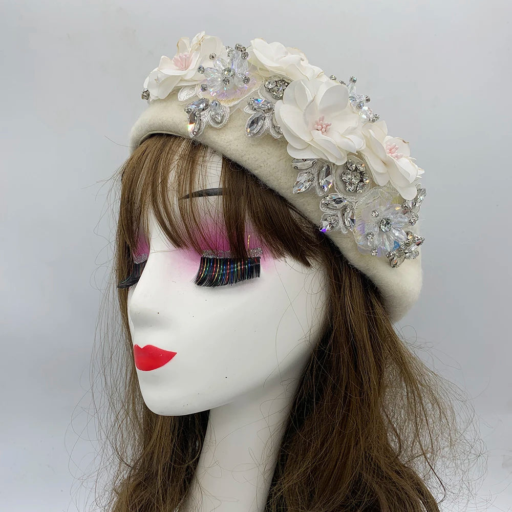 Winter Unique Designer Berets for Women Luxury Rhinestone Bouquet Turban Cap Exaggerated Painter Hat Female Winter Headpiece