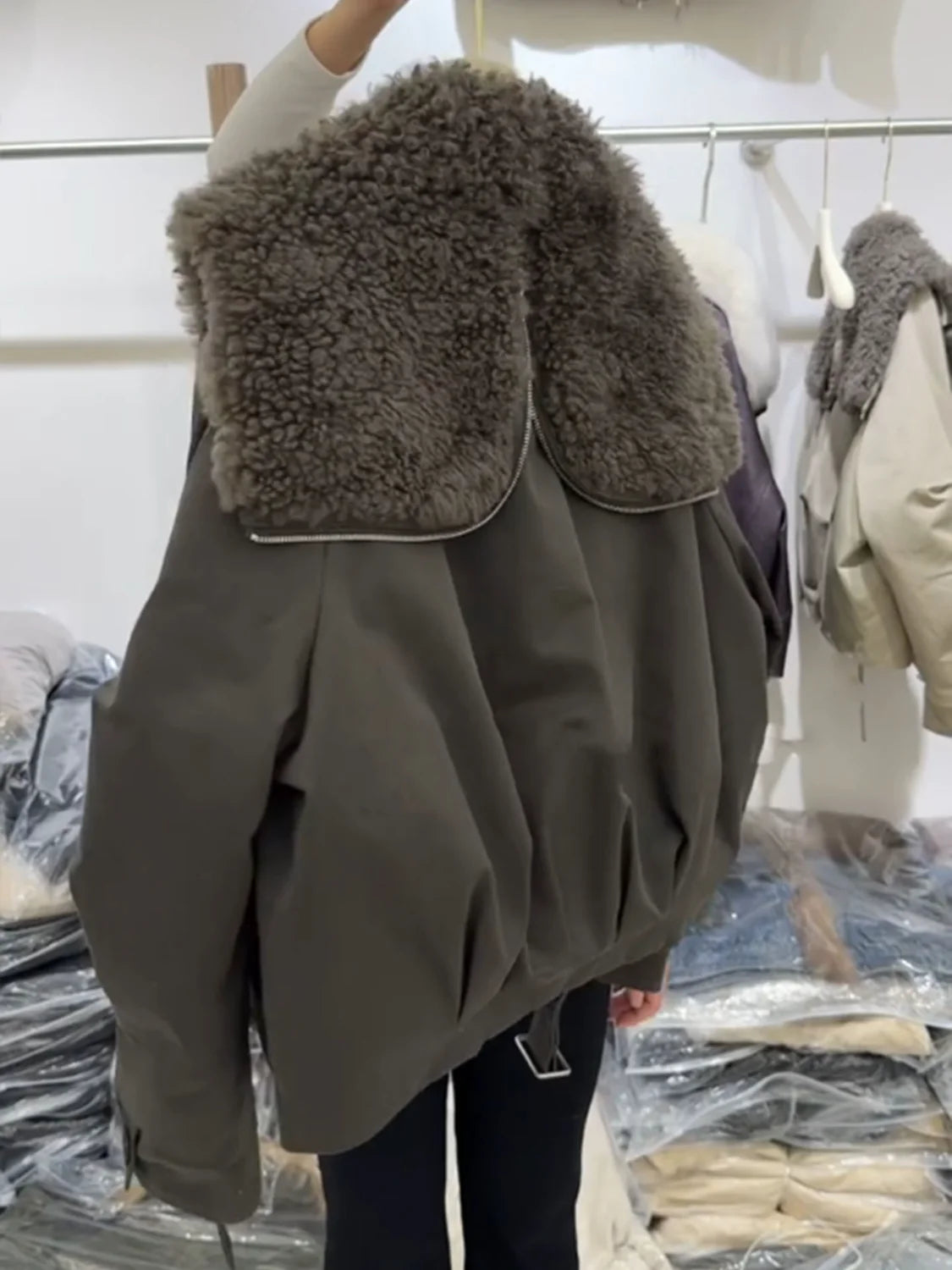 Winter Fashion Faux Fur Collar Padded Jacket Women Army Green Oversized Warm Thick Coat Drawstring Waist Streetwear Chic Tops
