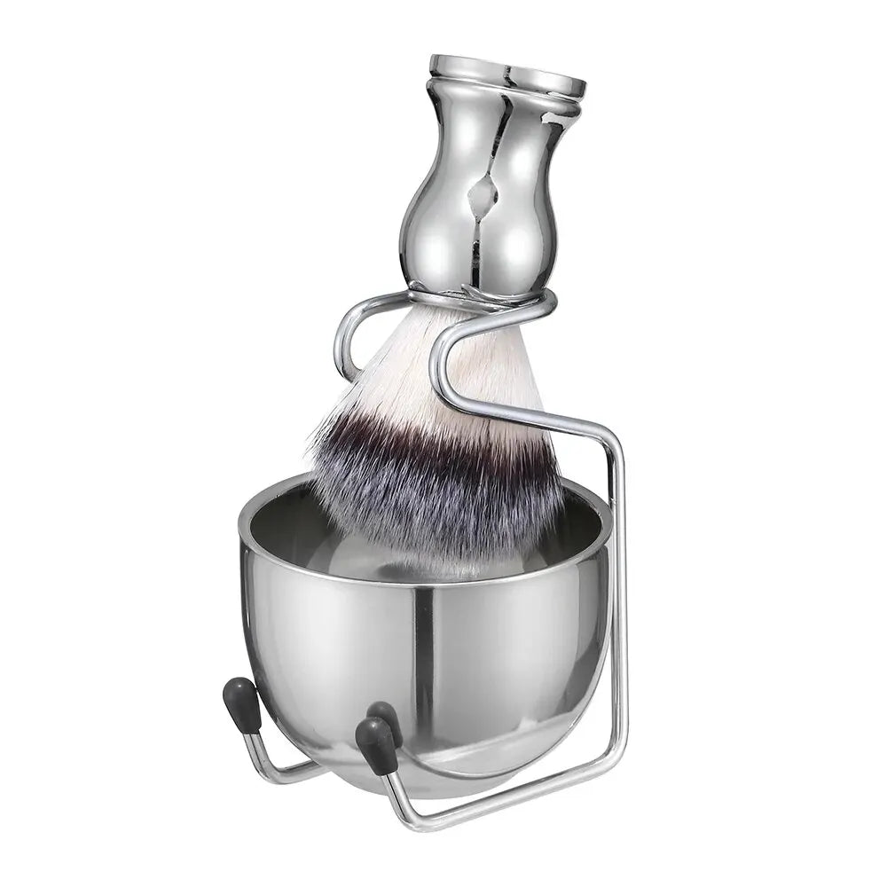 3in1 Vegan Style Synthetic Badger Hair Shaving Brush, Stainless Steel Shaving Soap Bowl and Brush Holder Stand Set for Men