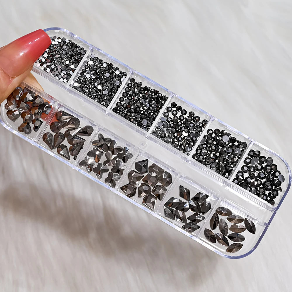 12Grids 3D Gold/Champagne Nail Art Rhinestones Mixed-Shapes Flat-Back Glass Diamonds Nails Charms Luxury DIY Manicure Decoration