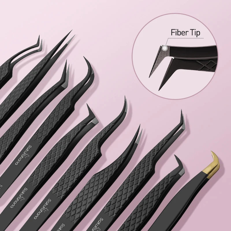 SAKURAHANA High-end Eyelash Tweezers Black Fiber Tip For Lash Extensions Mega Volume Mink Lashes Tool Straight Head Curved Tip