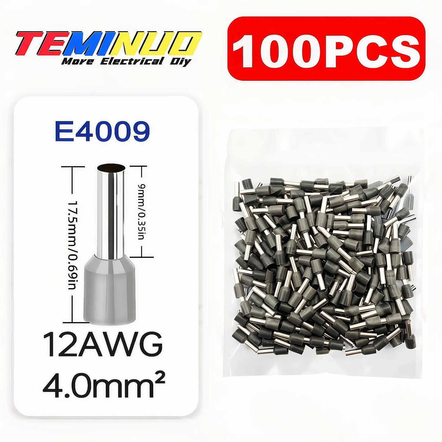 100PCS Insulated Cord End Terminals, AWG 22-6 Wire Ferrules Crimp Connectors, E7508/E1008/E1508/E2508/E4009/E6012/E10-12/E16-12