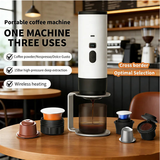 Portable 3-in-1 Wireless Electric Espresso Coffee Machine for Car Home Camping - Capsule Powder Travel Coffee Maker
