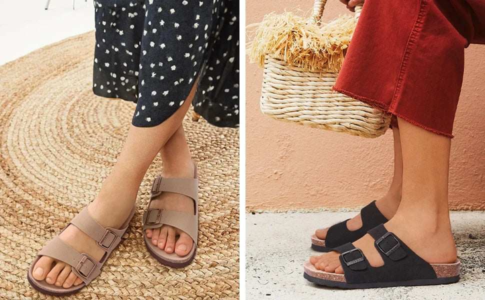 Comwarm Men's Cork Footbed Slides Sandals Arch Support Summer Outdoor Sandals with Adjustable Buckle Leisure Men Leather Slides