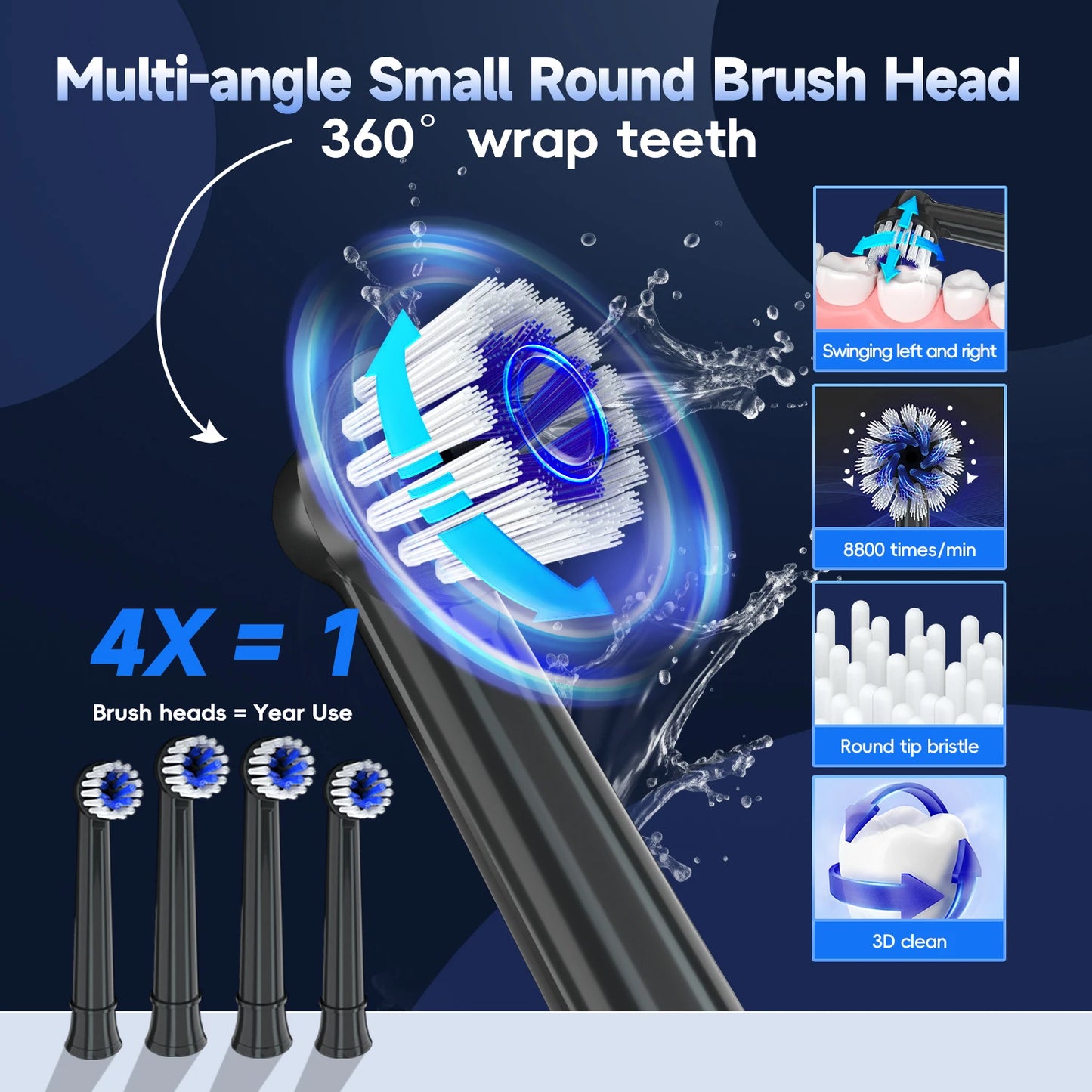 Electric Toothbrush for Adults Rechargeable T37 Sonic Toothbrush with 3 Modes IPX7 Waterproof 40,000 VPM Motor With 4 Brush Head