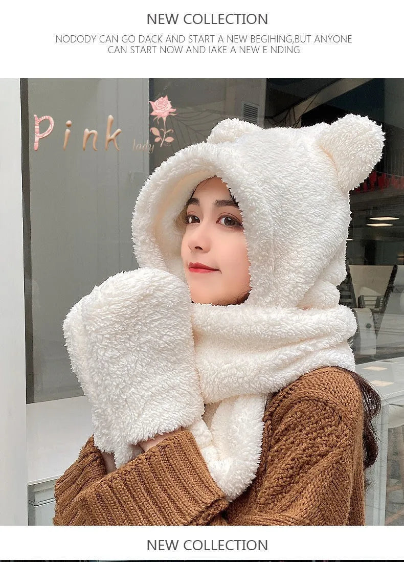 Winter Bear Earmuffs Scarf Mittens Set Thermal Plush Fleece Lined Connected Hat with Scarf and Gloves for Cold Weather Girls