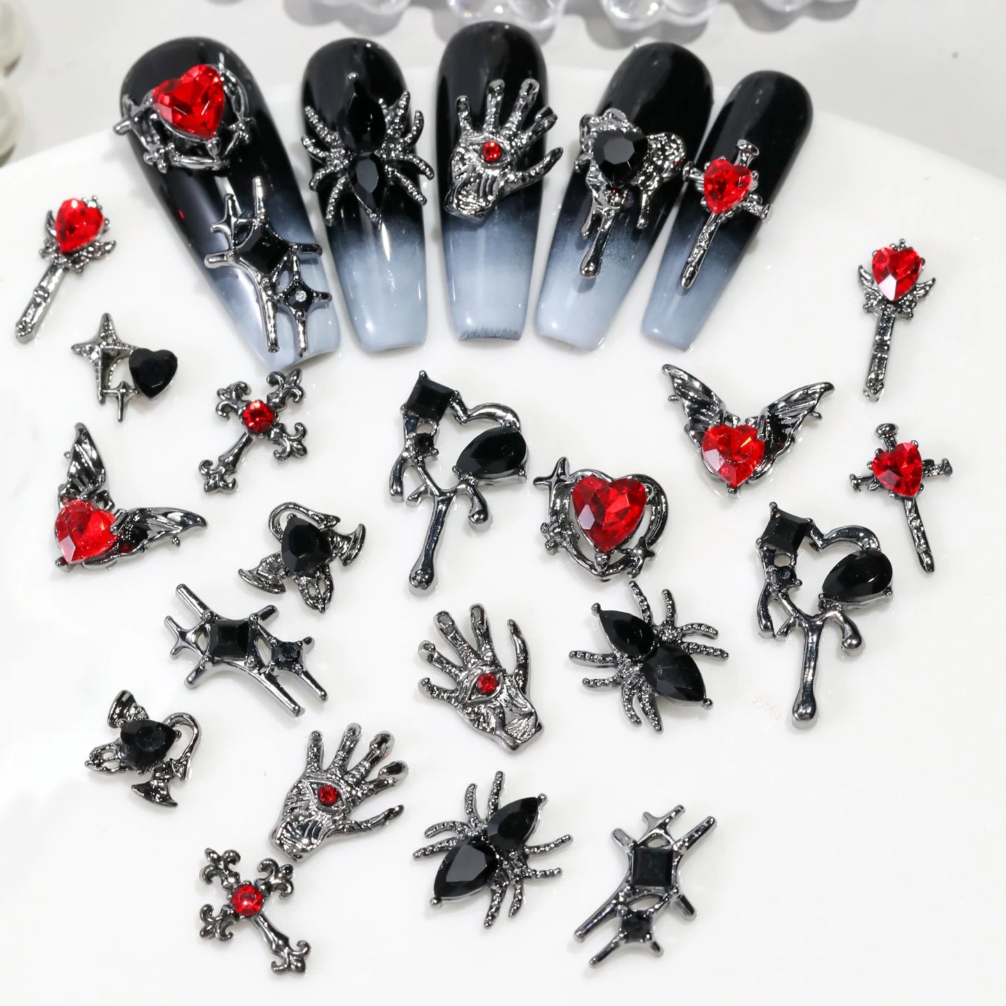 12 Grid Retro Alloy Nail Art Jewelry Gothic Punk Style Y2k Heart-Shaped Cross Spider Pattern DIY Nail Decoration Accessories