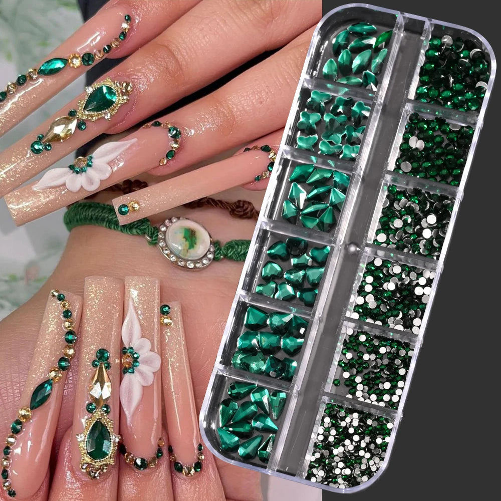 12Grids 3D Gold/Champagne Nail Art Rhinestones Mixed-Shapes Flat-Back Glass Diamonds Nails Charms Luxury DIY Manicure Decoration