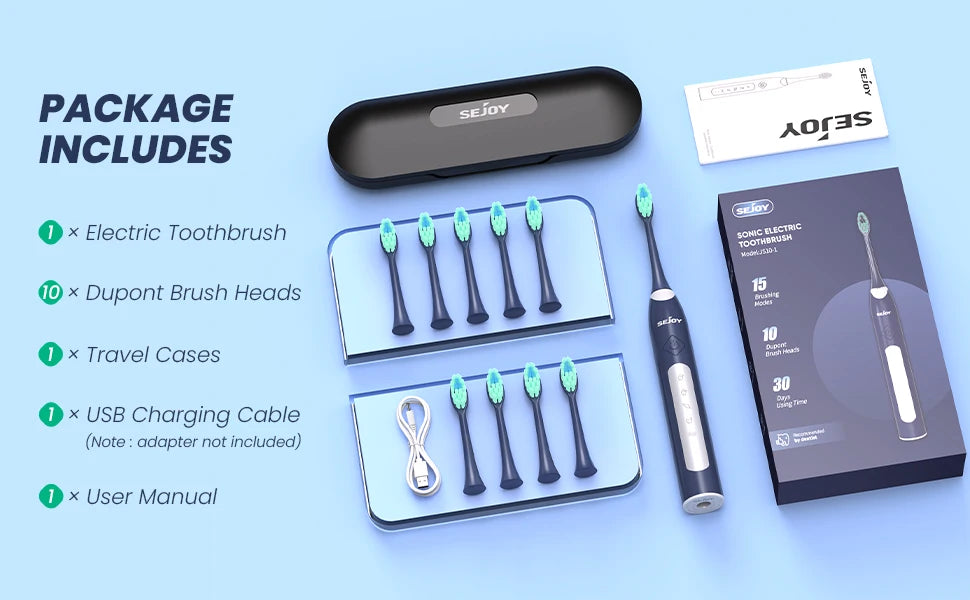 Sejoy Electric Sonic Toothbrush 5 Model with 10 pcs Replacement Heads Rechargeable Waterproof Electronic Tooth Brushes