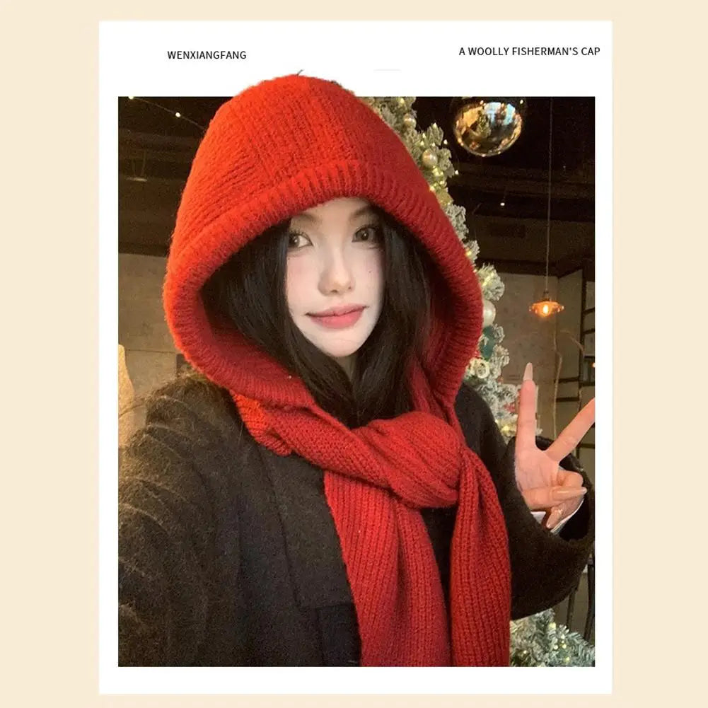 Winter Hats for Women Knitted Polyester Hooded Scarf Hat for Women Balaclava Knit Skull Cap Beanie Hat