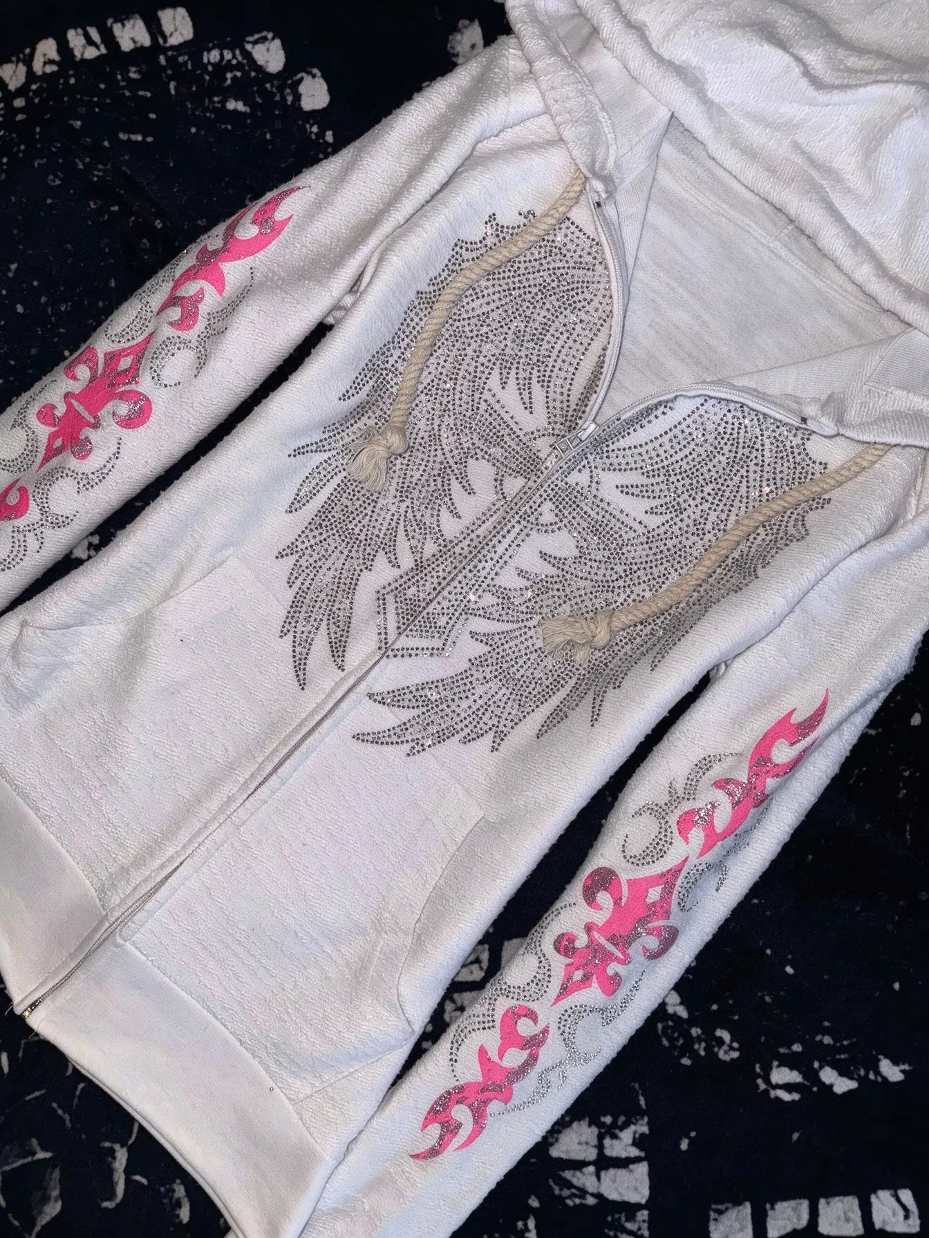 Y2K Vintage Rhinestone Hooded Jacket Women Silver Crystal Angel Wing Cross Zip Pink Flower Tribal Print Slim Fit Sweatshirt