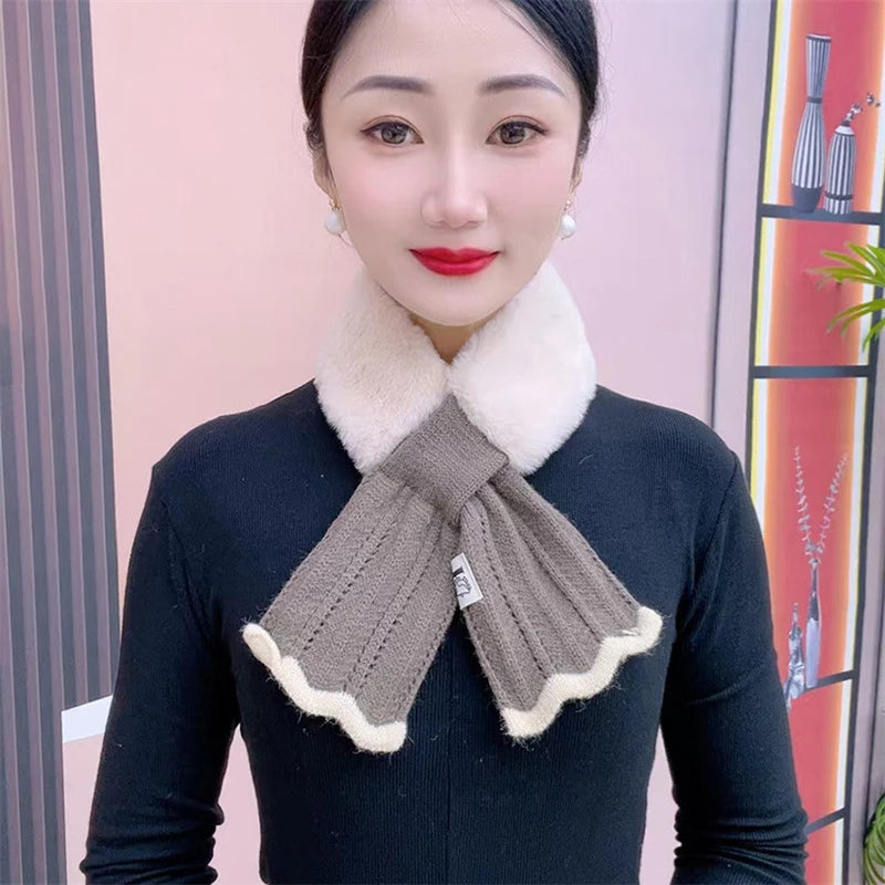 Winter Warm Cross Collar Women Scarf; Plush Thick Imitation Rabbit Fur; Windproof Neck Warmer for Outdoor Cycling