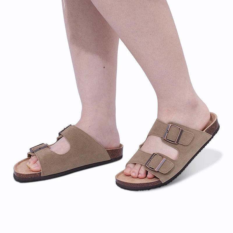 Comwarm Men's Cork Footbed Slides Sandals Arch Support Summer Outdoor Sandals with Adjustable Buckle Leisure Men Leather Slides