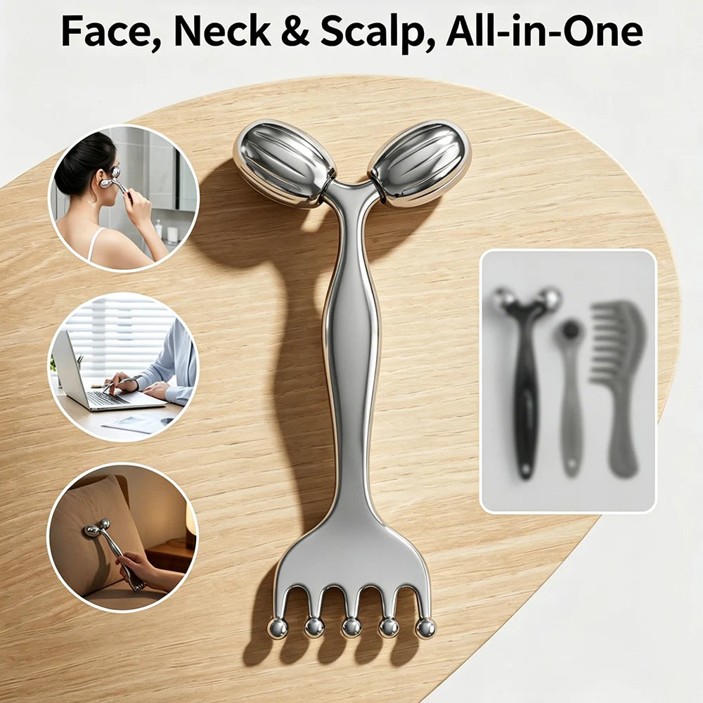 Stainless Steel Face Roller & Gua Sha, Facial Massager with Scalp Comb, Skin Lifting & Puffiness Reducing Massage Tools for Face