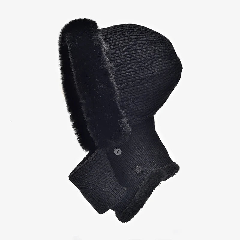 BeauToday Winter Knitted Hat Women Faux Fur Ear Protection Beanies Female Hooded Neck Collar Adjustable Earflap Caps 96502