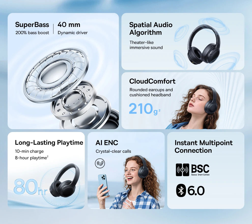Baseus Wireless Headphones Bluetooth 6.0 HIFI Level Earphone 40mm Driver Foldable Over Ear Headsets 80H Playtime Spatial Audio