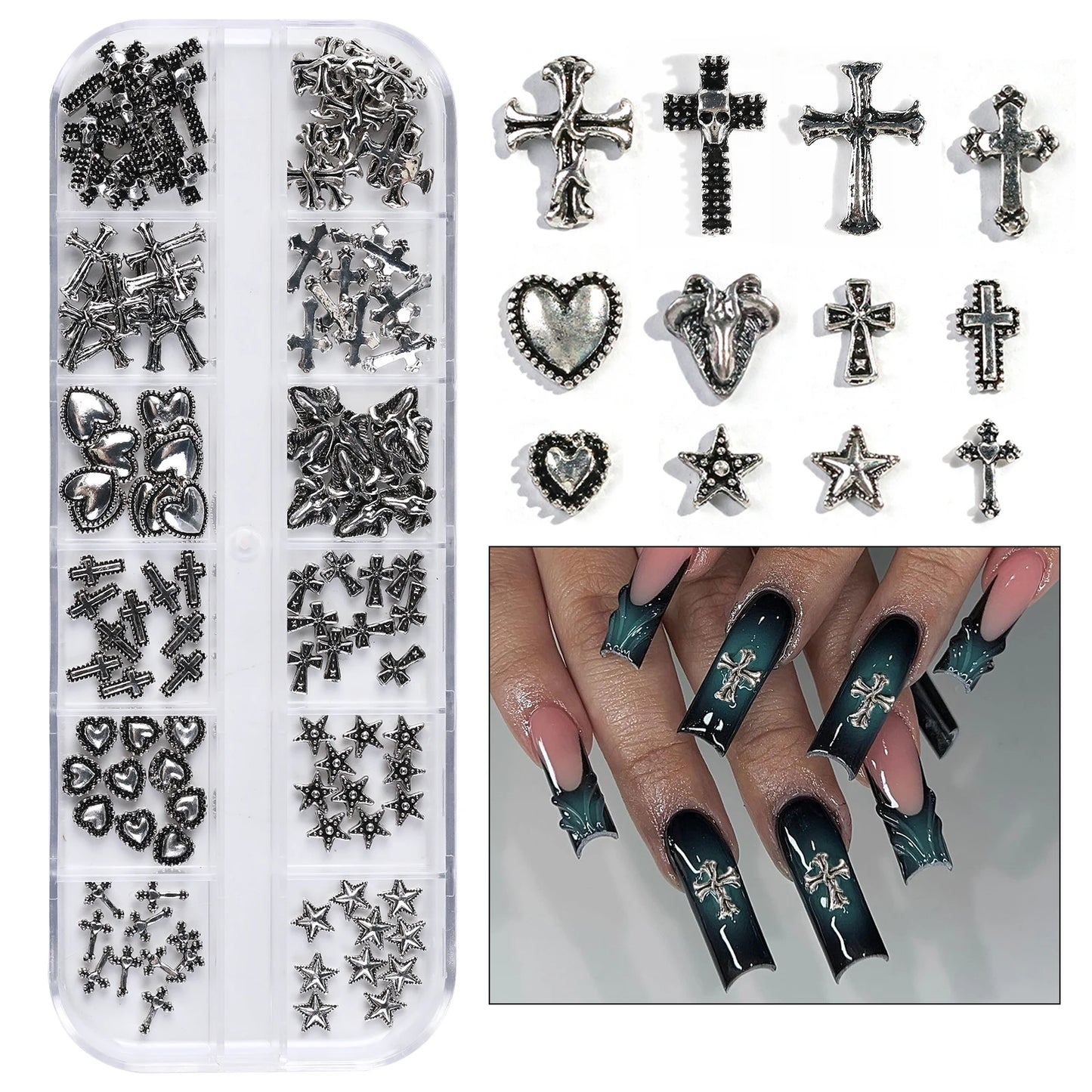 12 Grid Retro Alloy Nail Art Jewelry Gothic Punk Style Y2k Heart-Shaped Cross Spider Pattern DIY Nail Decoration Accessories