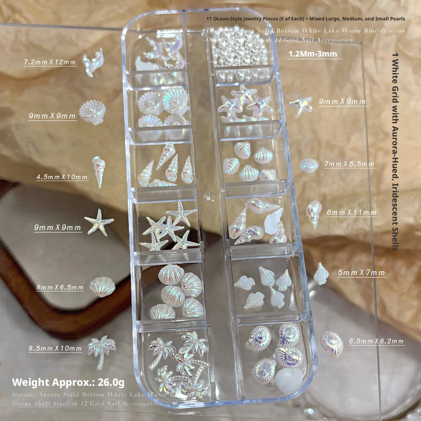 YYM 12 Grid Starfish Shell Nail Jewelry Set Box Conch Coconut Tree DIY Kit with Diamond Accessories for Nail Art