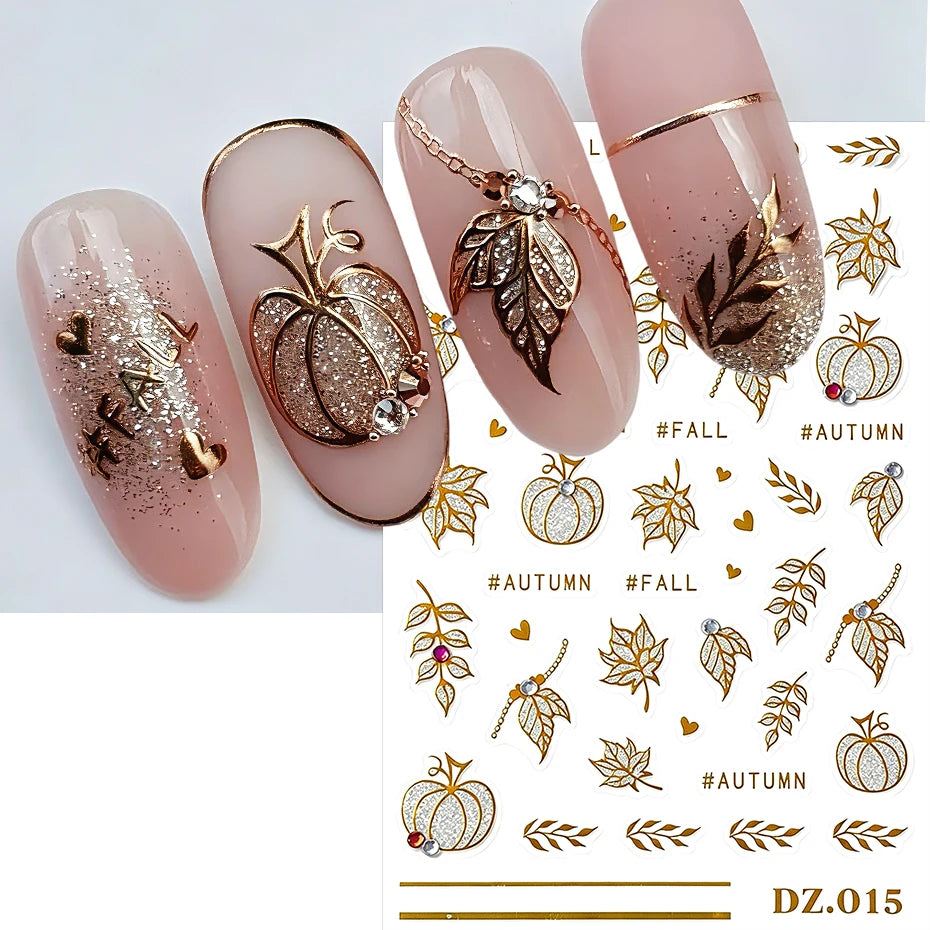 2pcs Golden Pumpkin Maple Leaf Nail Stickers Shiny Nail Art Decals Autumn Fall Mini Heart Leaves Manicure Decoration Accessories