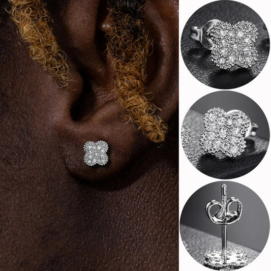 Shiny Petal Earrings For Women Men hip-hop Iced Out Cubic Zirconia Bling Silver Color Stud Ear Accessory New Jewelry KBE003-1