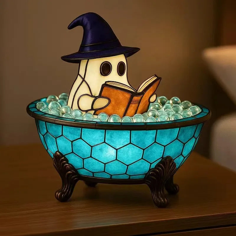 Cute Ghost Reading Book Night Light - Spooky Halloween Decor for Bedroom, Kids Room, Party Ornament, USB Rechargeable LED Lamp