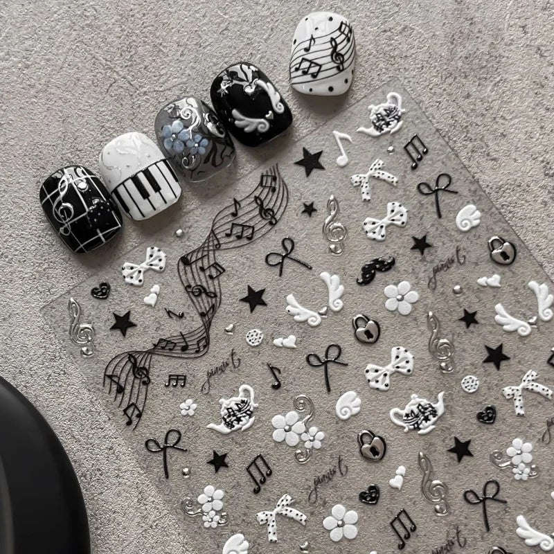 Black White Piano Note Nail Stickers Retro Music Style Sweet And cool Nail Stickers 3D Self-adhesive Nail Art Decorative Decals