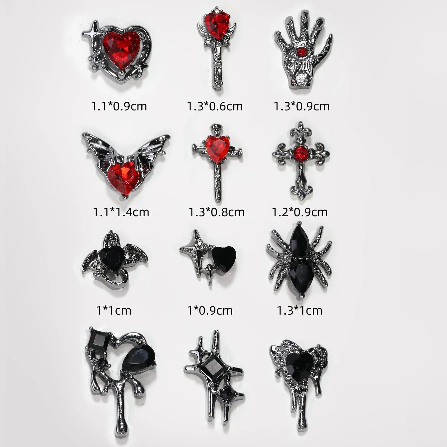 12 Grid Retro Alloy Nail Art Jewelry Gothic Punk Style Y2k Heart-Shaped Cross Spider Pattern DIY Nail Decoration Accessories