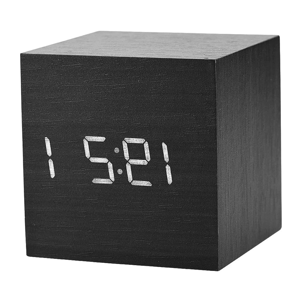Wooden Digital Alarm Clock with LED Display Voice-activated or constant-on mode Powered by 3 AAA batteries or USB power cable