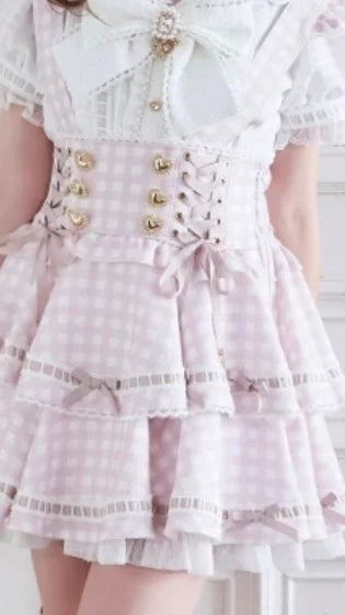 Original Japanese Mines Lolita Strap Skirts Women High Waist and Thin Frilly Pleated Skirt College Style Liz Girl Plaid Skirt