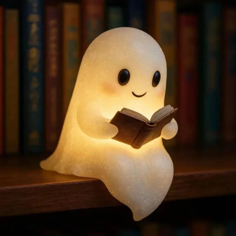 Cute Ghost Reading Book Night Light - Spooky Halloween Decor for Bedroom, Kids Room, Party Ornament, USB Rechargeable LED Lamp