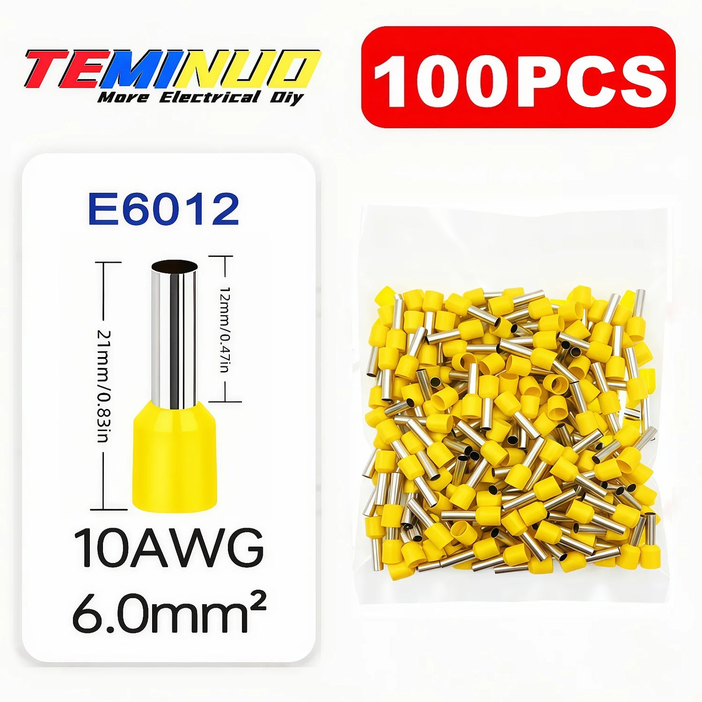 100PCS Insulated Cord End Terminals, AWG 22-6 Wire Ferrules Crimp Connectors, E7508/E1008/E1508/E2508/E4009/E6012/E10-12/E16-12