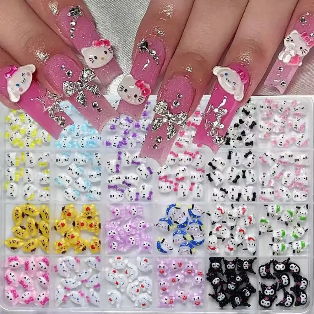 120PCS Boxed Mixed Sanrio Nail Charms Kuromi Cinnamoroll My Melody Resin Nail Decor DIY Manicure Nail Art Accessories