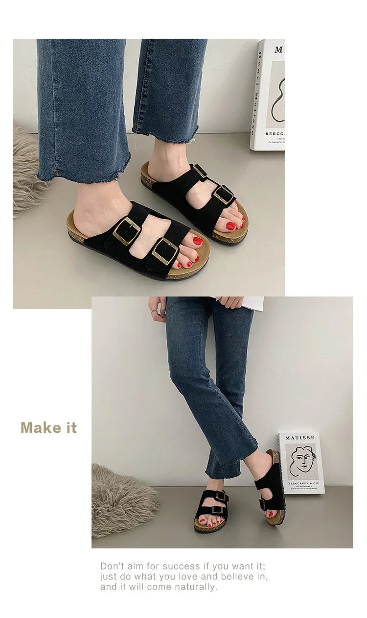 Comwarm Men's Cork Footbed Slides Sandals Arch Support Summer Outdoor Sandals with Adjustable Buckle Leisure Men Leather Slides
