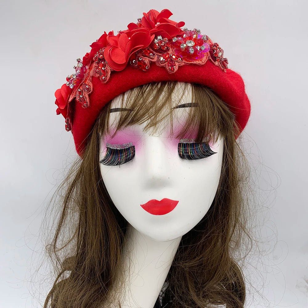 Winter Unique Designer Berets for Women Luxury Rhinestone Bouquet Turban Cap Exaggerated Painter Hat Female Winter Headpiece