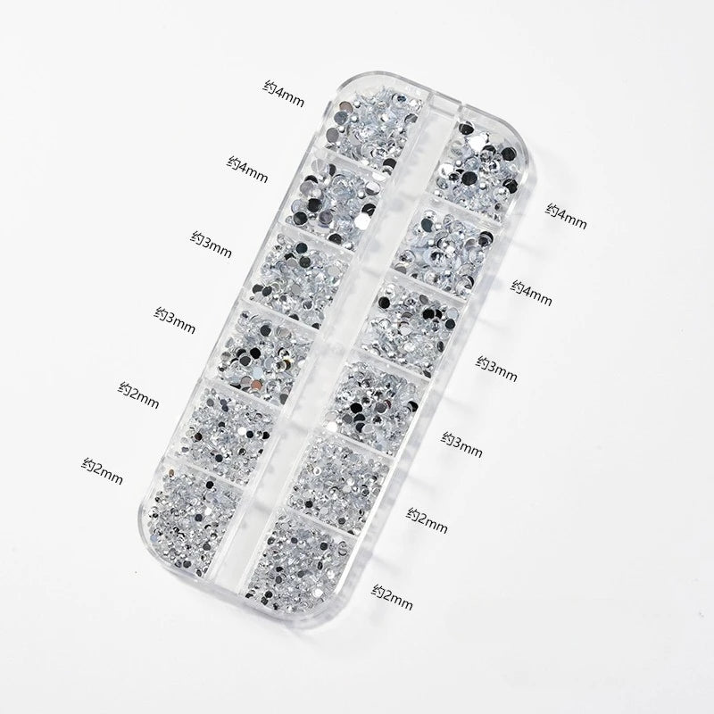 12 Grids Mixed Size Acrylic Flatback Rhinestones, 2/3/4mm Shiny Crystal Look Gems DIY Manicure Decor Charms