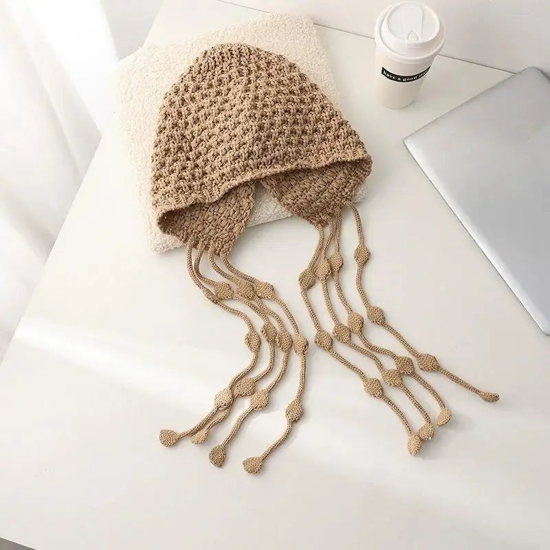 Christmas Winter Wool Tassel Knitted Ear Protection Hat For Women Winter Warm Crochet Earmuffs Caps Girl Pullover Beanie Bonnet
