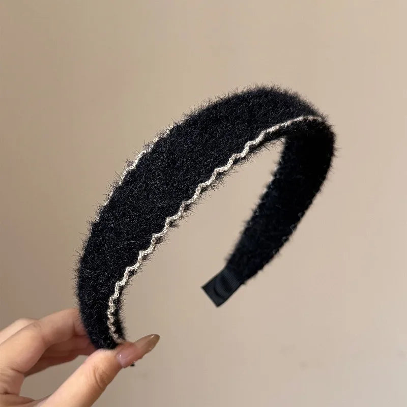 Autumn Winter Plush Ribbon Headbands Black White Cashmere Knit Hairband Women's Elegant Hair Accessories Warm Headwrap Non-slip