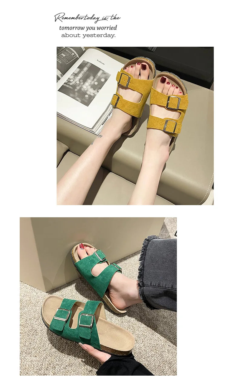 Comwarm Men's Cork Footbed Slides Sandals Arch Support Summer Outdoor Sandals with Adjustable Buckle Leisure Men Leather Slides
