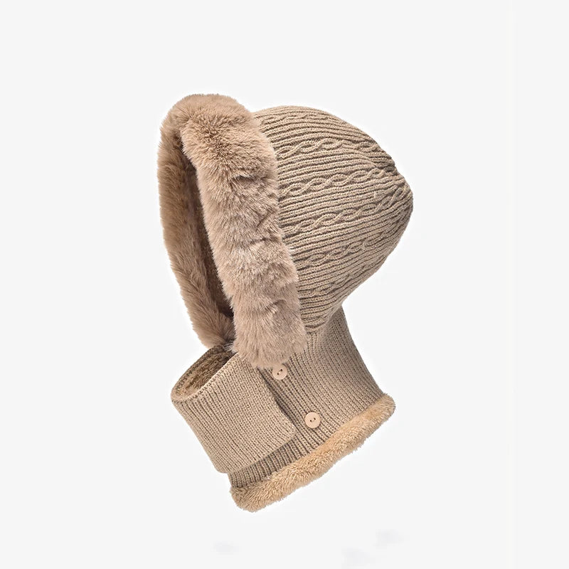 BeauToday Winter Knitted Hat Women Faux Fur Ear Protection Beanies Female Hooded Neck Collar Adjustable Earflap Caps 96502