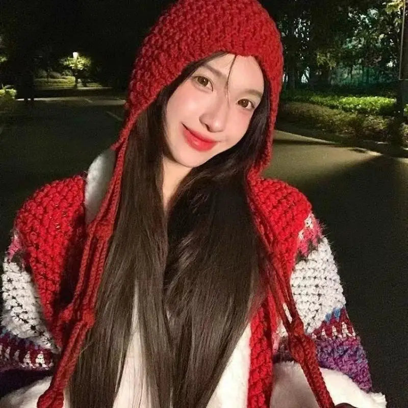 Christmas Winter Wool Tassel Knitted Ear Protection Hat For Women Winter Warm Crochet Earmuffs Caps Girl Pullover Beanie Bonnet