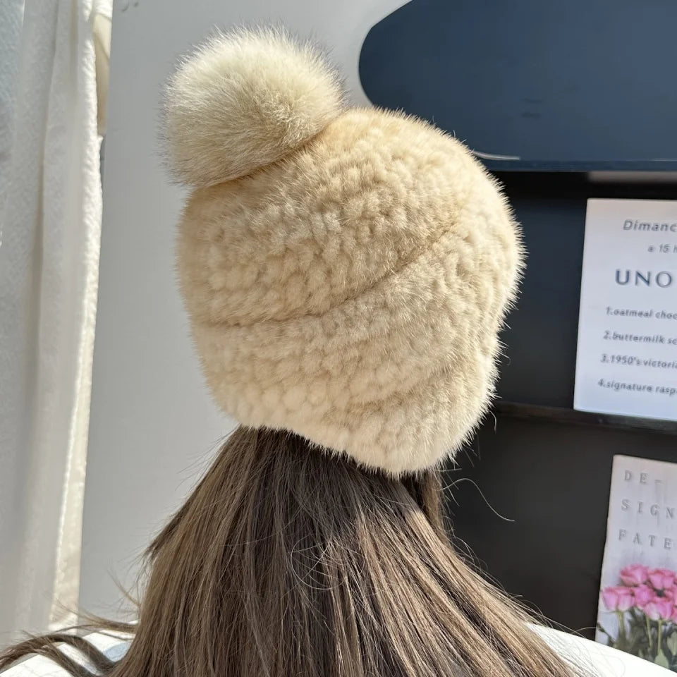 New Winter Ladies Real Mink Fur Hat Warm Thickened Ear Protection Knitted Cap Ladies Winter Fashion Accessories