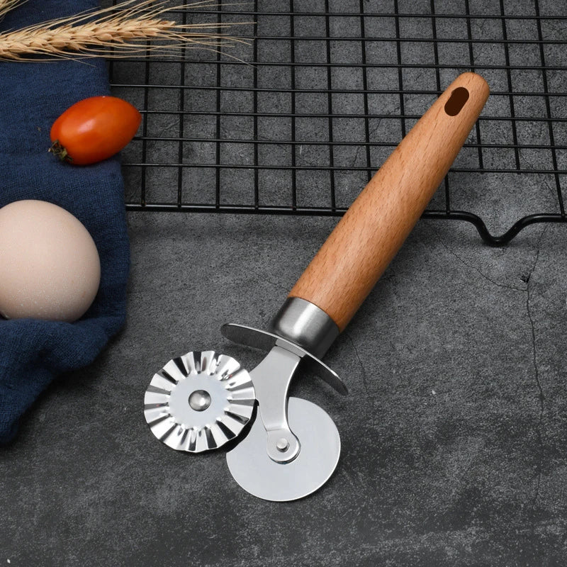 【M】Pasta Cutter Wheel - Fluted Pastry Cutter Double Wheel Ravioli Cutter Tool With Wooden Handle For Pasta Pizza Ravioli Cookie
