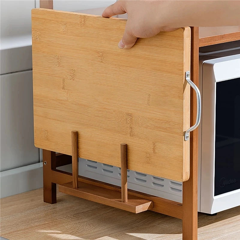 New Kitchen Countertops Storage Shelf Multi-Layer Bamboo Adjustable Microwave Oven with Hanging Hook Chopping Board Holder