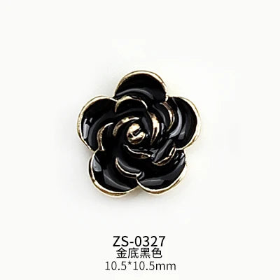 10PCS Glossy White Black Dimaonds Pearls Gold Edge Camellia Rose Flowers Metal Nail Art Rhinestones Jewelry Manicure Decorations
